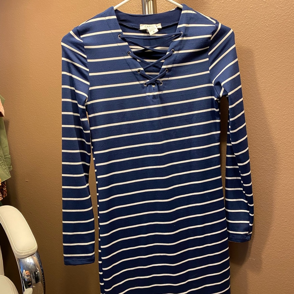 White & Blue long sleeve striped dress. Nanamacs